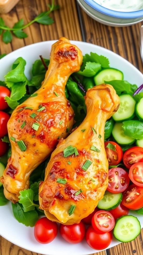 Baked Greek Yogurt Chicken Drumsticks Baked chicken drumsticks marinated in Greek yogurt, served with a fresh salad on a rustic table.